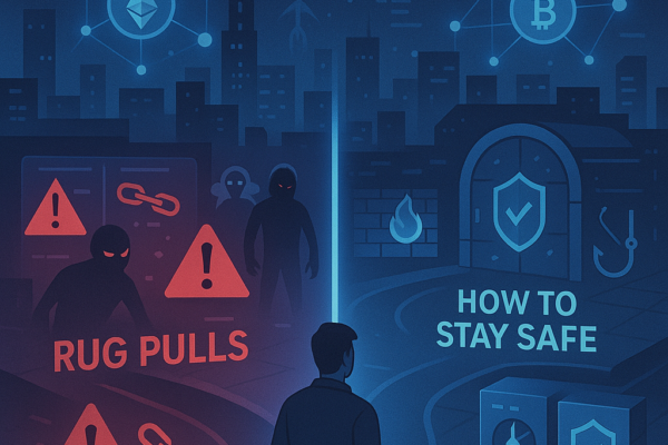 Illustration showing DeFi risks including rug pulls, smart contract hacks, and phishing scams in decentralized finance