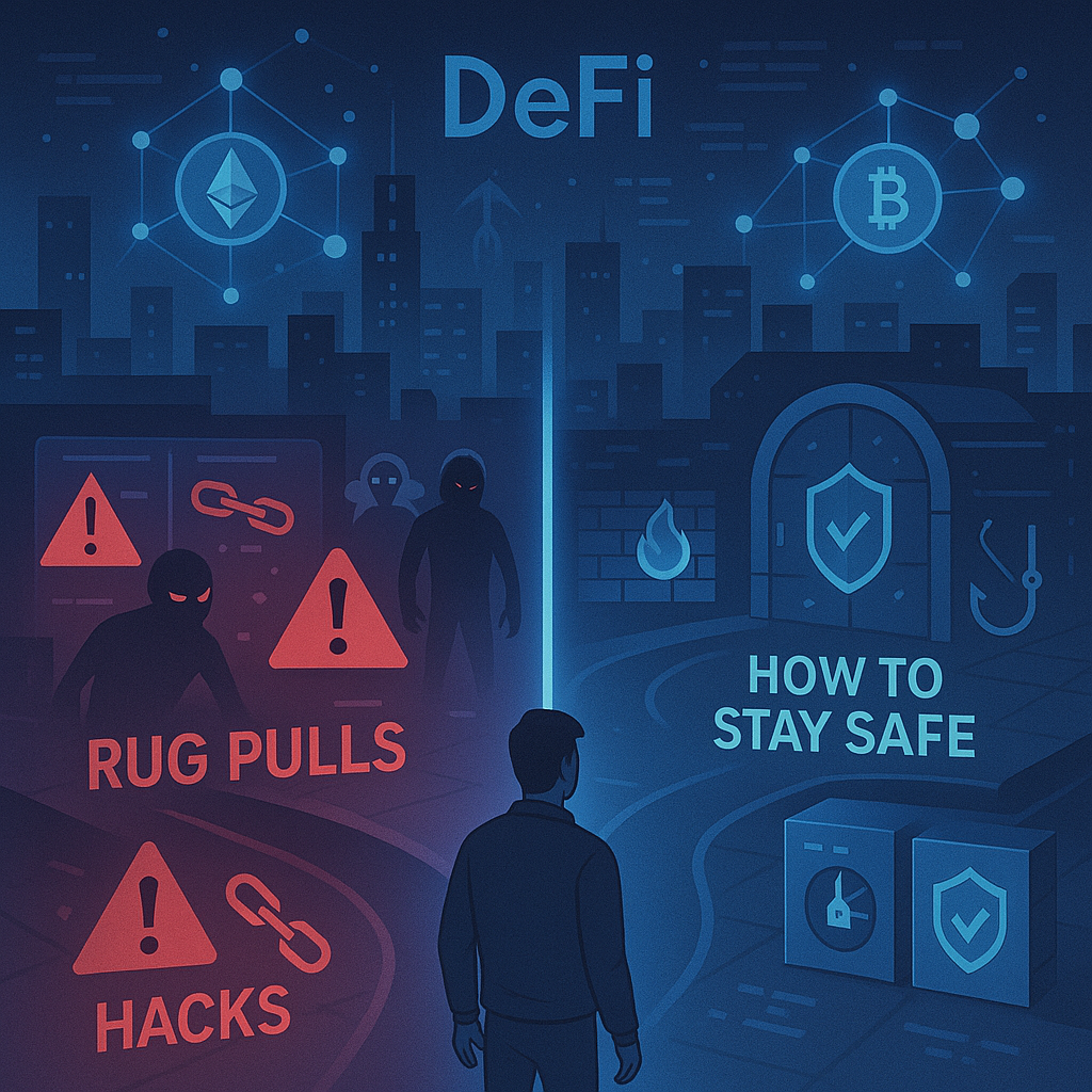 Illustration showing DeFi risks including rug pulls, smart contract hacks, and phishing scams in decentralized finance