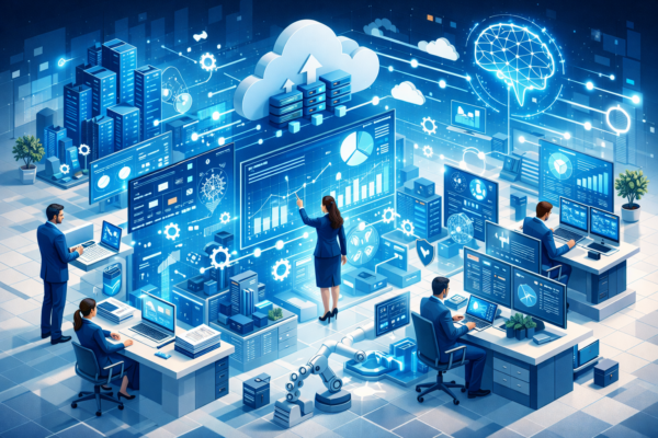 Enterprise digital transformation concept showing cloud technology, automation, and data analytics tools used by modern businesses