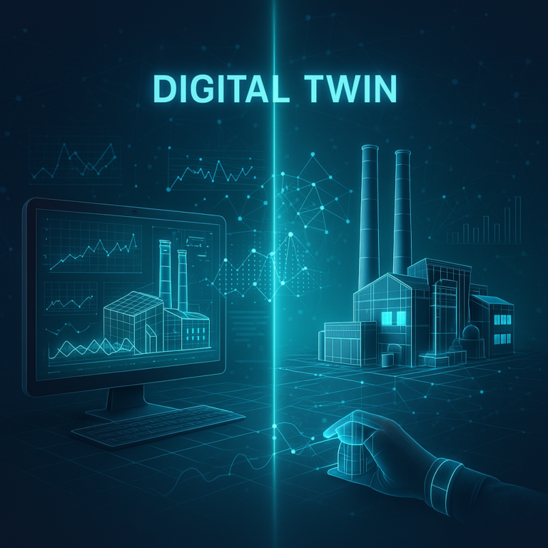 Digital twin virtual model of a real-world system showing real-time data and simulation