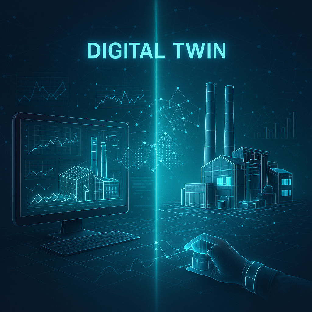 Digital twin virtual model of a real-world system showing real-time data and simulation