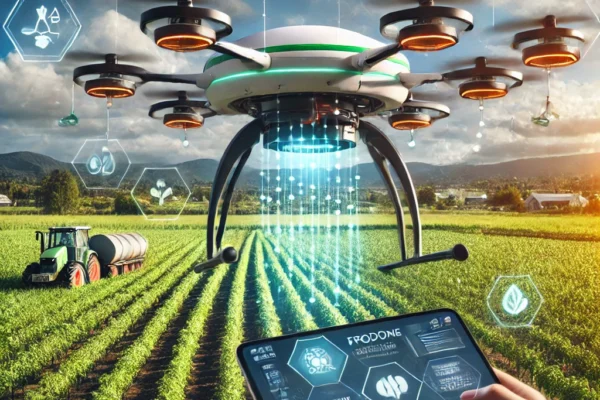 Drone flying over agricultural field for crop monitoring and robotics automation