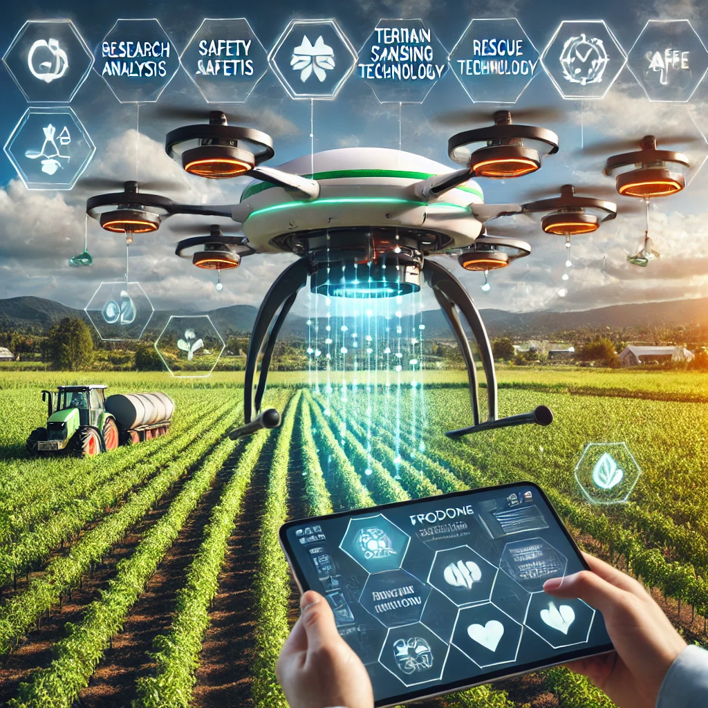 Drone flying over agricultural field for crop monitoring and robotics automation