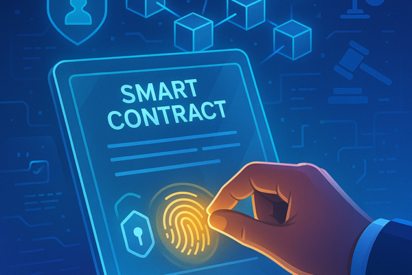 Blockchain-based e-signature on a legal agreement document with digital security network in background