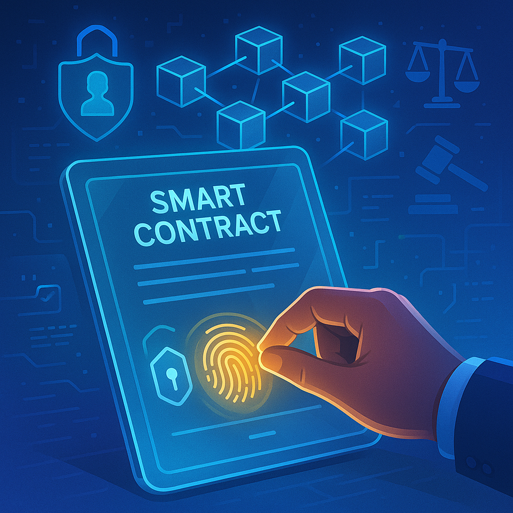 Blockchain-based e-signature on a legal agreement document with digital security network in background