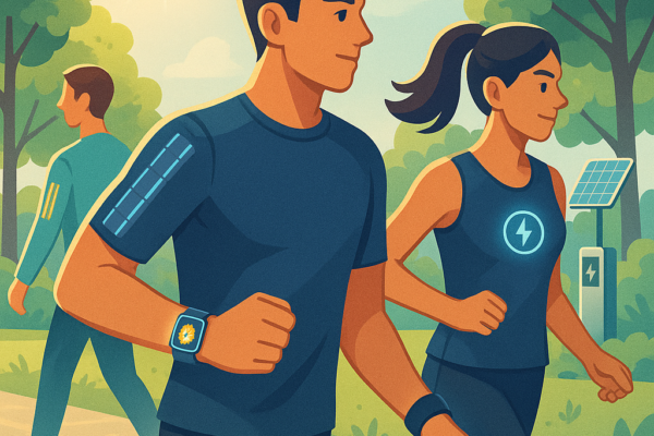 Eco-friendly smartwatch powered by solar and kinetic energy on a person's wrist outdoors