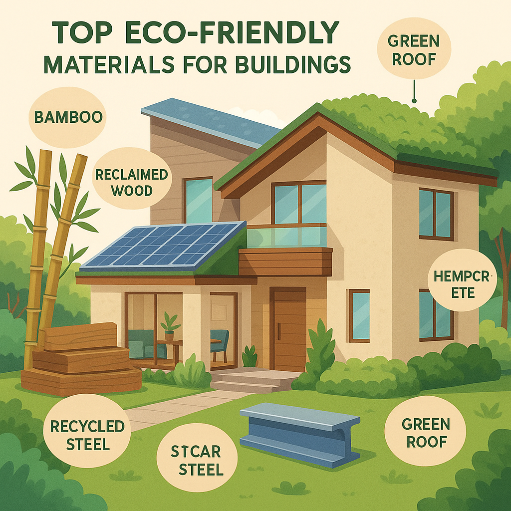 Eco-friendly building materials including bamboo, reclaimed wood, recycled steel, and hempcrete used in sustainable construction