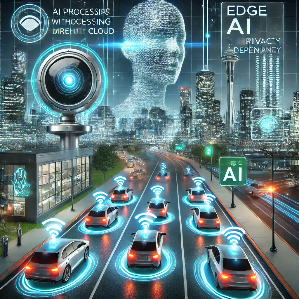 Edge AI running on IoT devices including smartphones, cameras, and wearables at the network edge