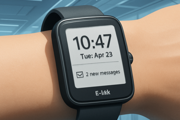 E-Ink smartwatch with paper-like display showing time and fitness data on a wrist