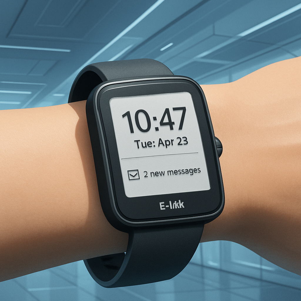 E-Ink smartwatch with paper-like display showing time and fitness data on a wrist