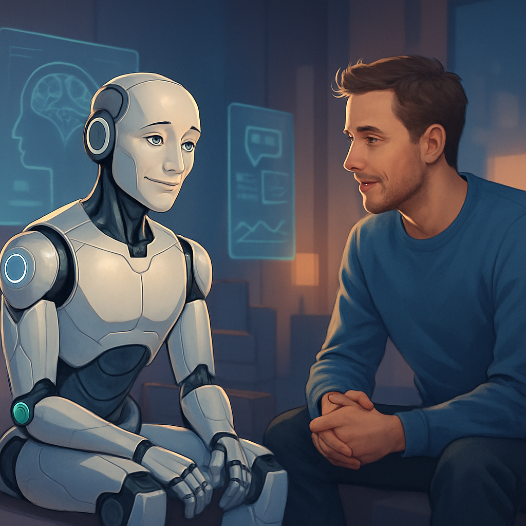 A humanoid robot with emotional AI technology interacting with a human in a healthcare setting