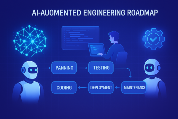 AI-augmented engineering roadmap showing AI tools integrated across software development lifecycle stages