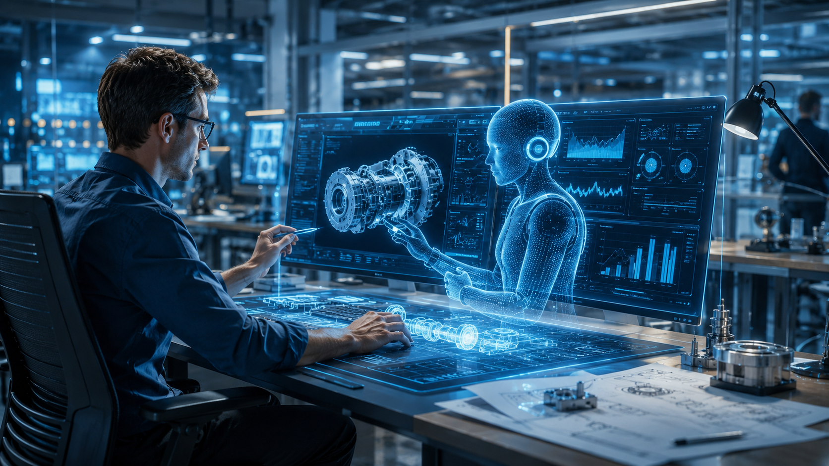Engineer using AI copilot software on a computer for product design and project management