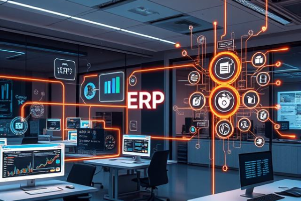 Enterprise Resource Planning ERP system dashboard showing connected business modules