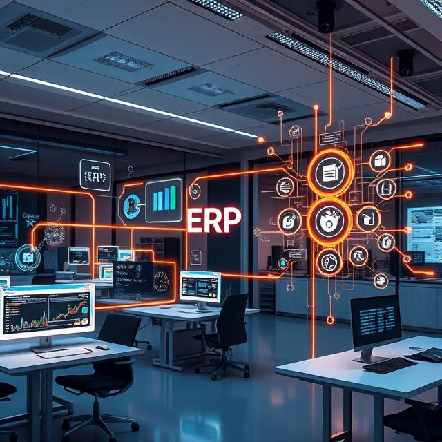 Enterprise Resource Planning ERP system dashboard showing connected business modules