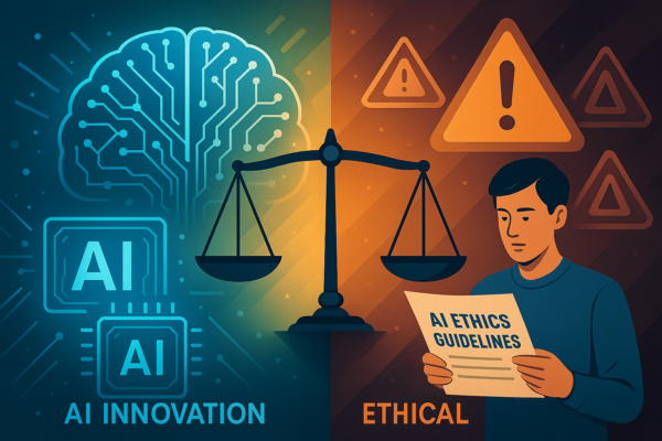 Illustration showing AI risks including bias, privacy, and deepfakes with responsible use guidelines