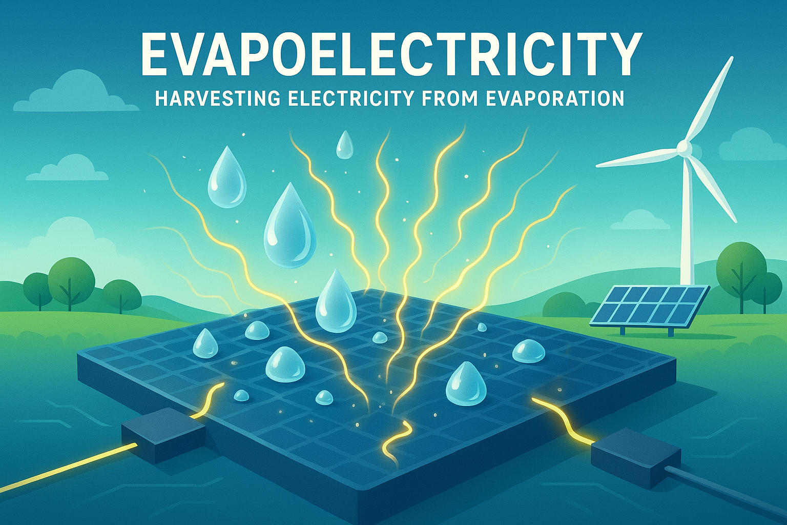 Illustration of evapolectricity process showing water evaporation generating electricity through nanomaterials