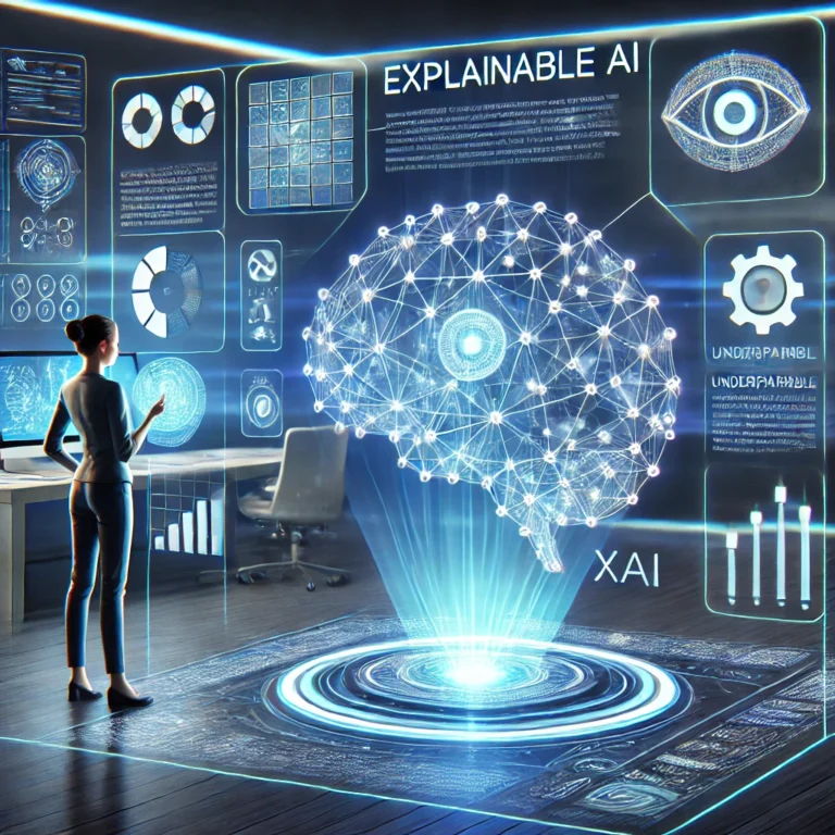 Explainable AI diagram showing transparent AI decision-making process with charts and data visualisation