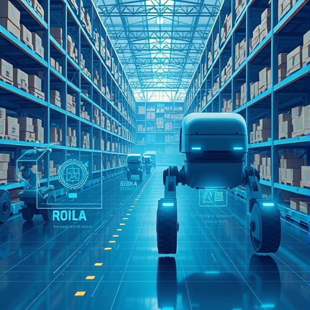 Autonomous Mobile Robot navigating a warehouse floor using sensors and AI technology