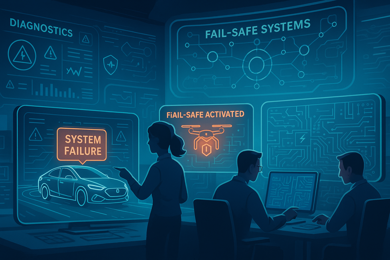 Diagram showing fail-safe system design in autonomous engineering with redundancy and safe shutdown features