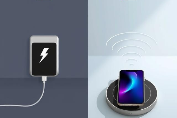 Fast charging cable and wireless charging pad side by side for smartphone comparison
