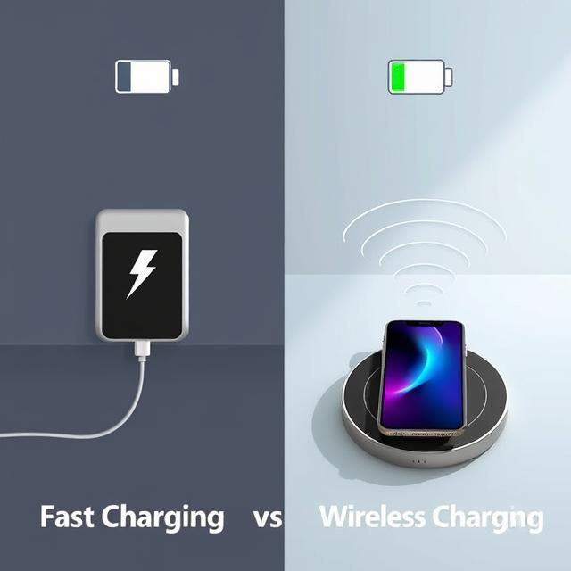 Fast charging cable and wireless charging pad side by side for smartphone comparison