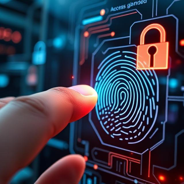 Close-up of a finger being scanned by a fingerprint sensor for biometric authentication