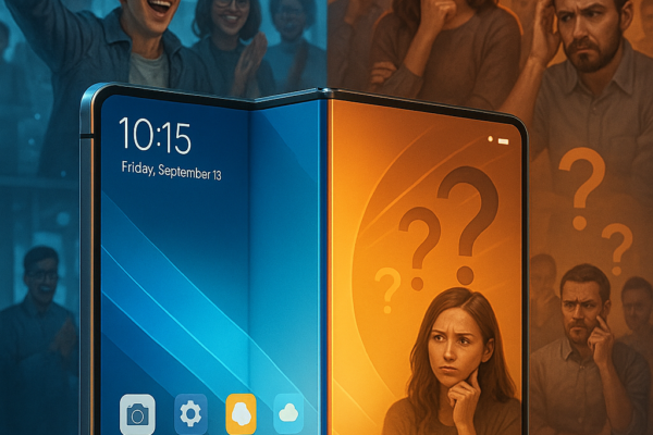 Next-gen foldable smartphone unfolded to show large flexible display alongside folded compact form