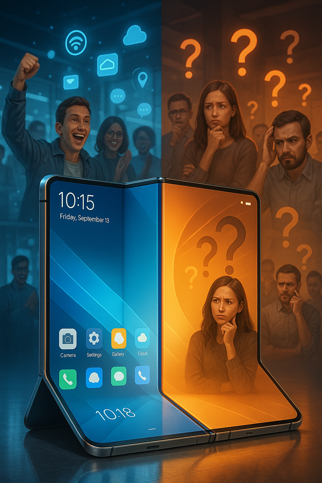 Next-gen foldable smartphone unfolded to show large flexible display alongside folded compact form