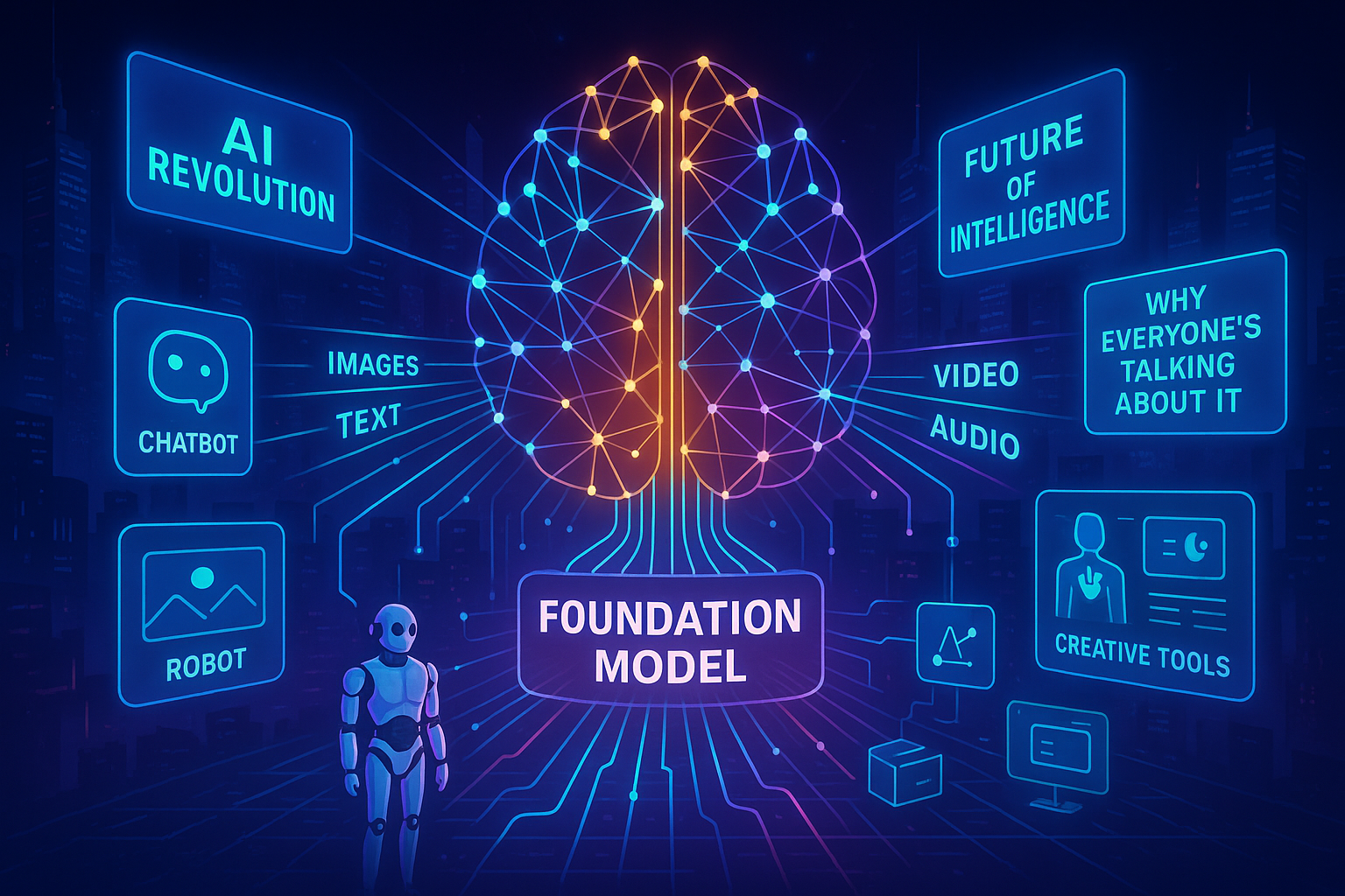 Foundation model AI concept showing deep learning and transformer architecture powering ChatGPT and DALL·E