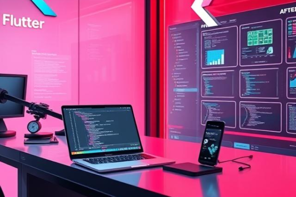 Flutter app development showing cross-platform iOS and Android code on a developer screen