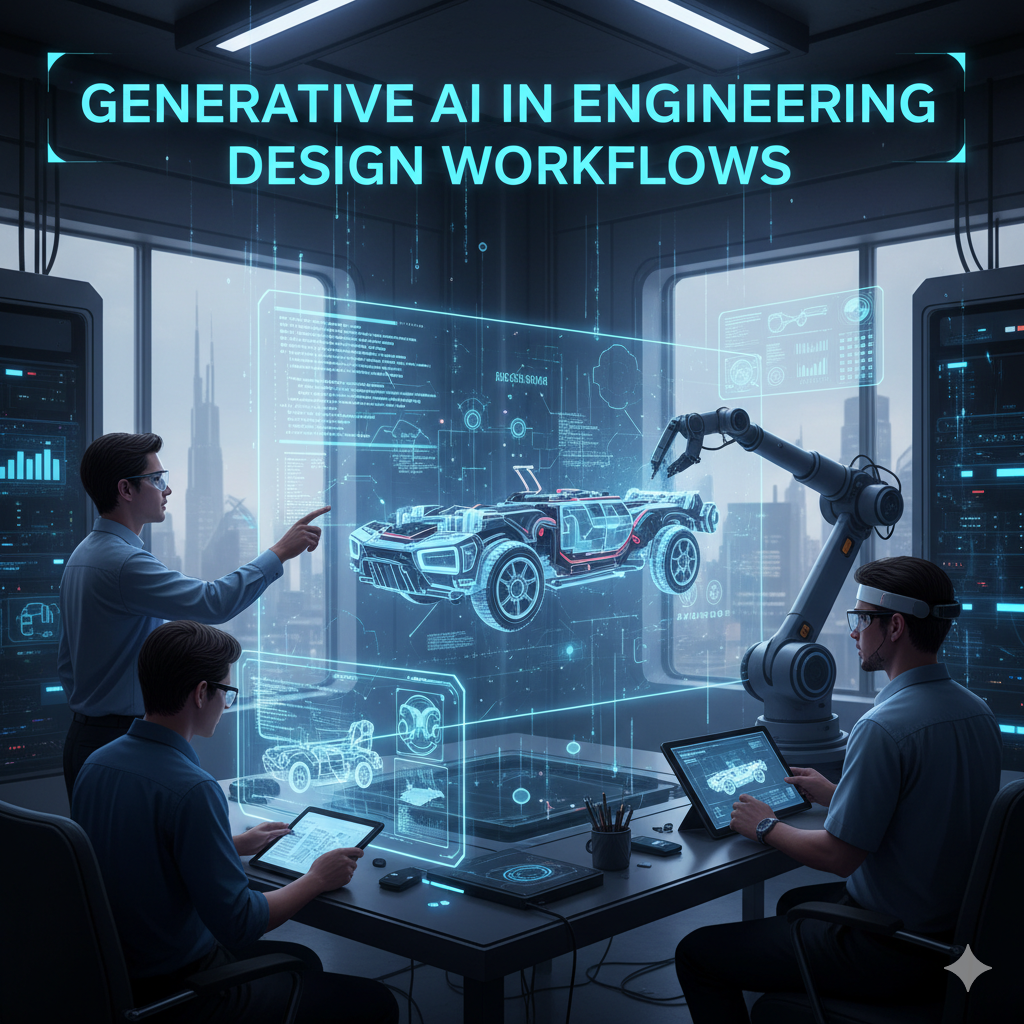 Engineer using generative AI tools to create 3D design models on a computer screen