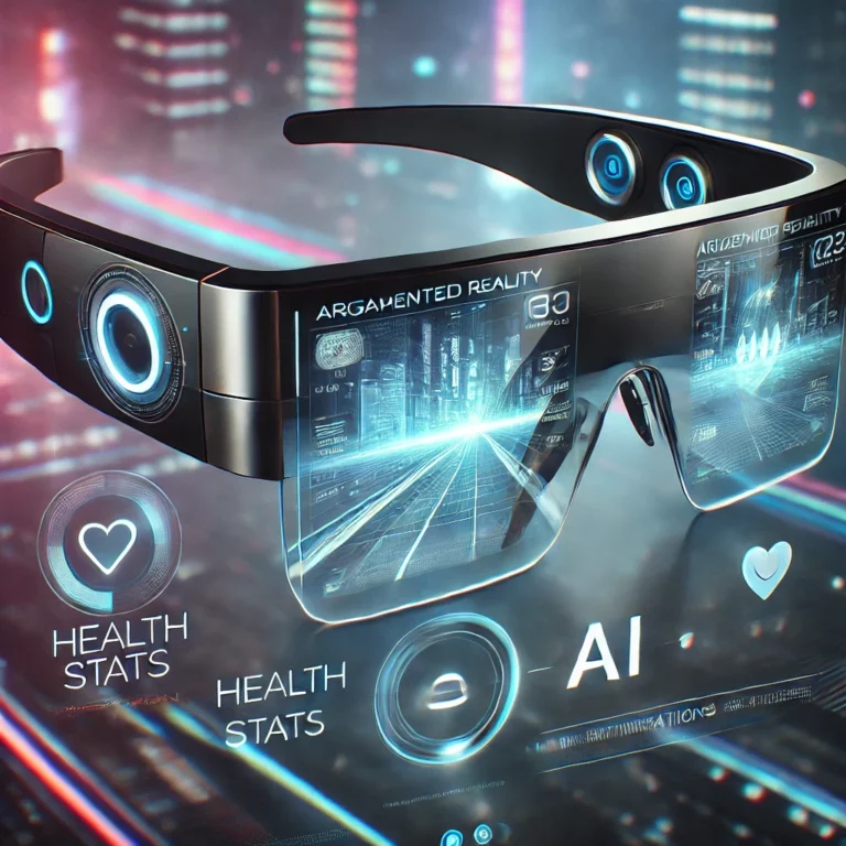 Person wearing smart glasses with augmented reality overlay displaying digital information