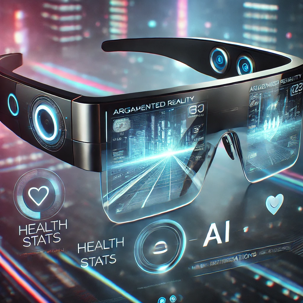 Person wearing smart glasses with augmented reality overlay displaying digital information