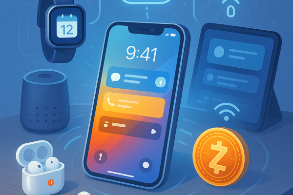 Smart gadgets including smartwatch, fitness tracker, and smart speaker syncing with a smartphone for better productivity