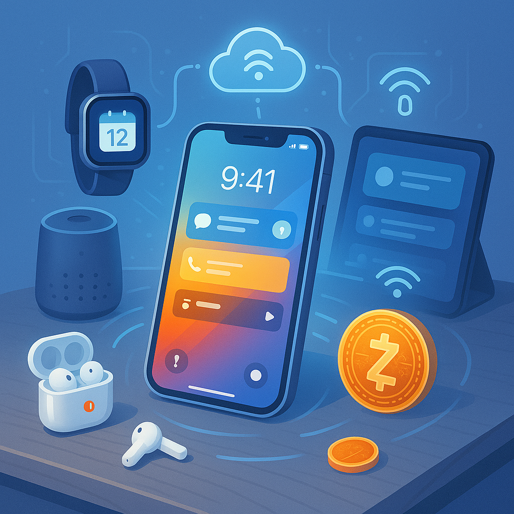 Smart gadgets including smartwatch, fitness tracker, and smart speaker syncing with a smartphone for better productivity