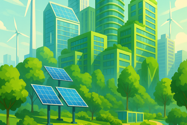 Green engineering concept showing solar panels, wind turbines, and eco-friendly buildings