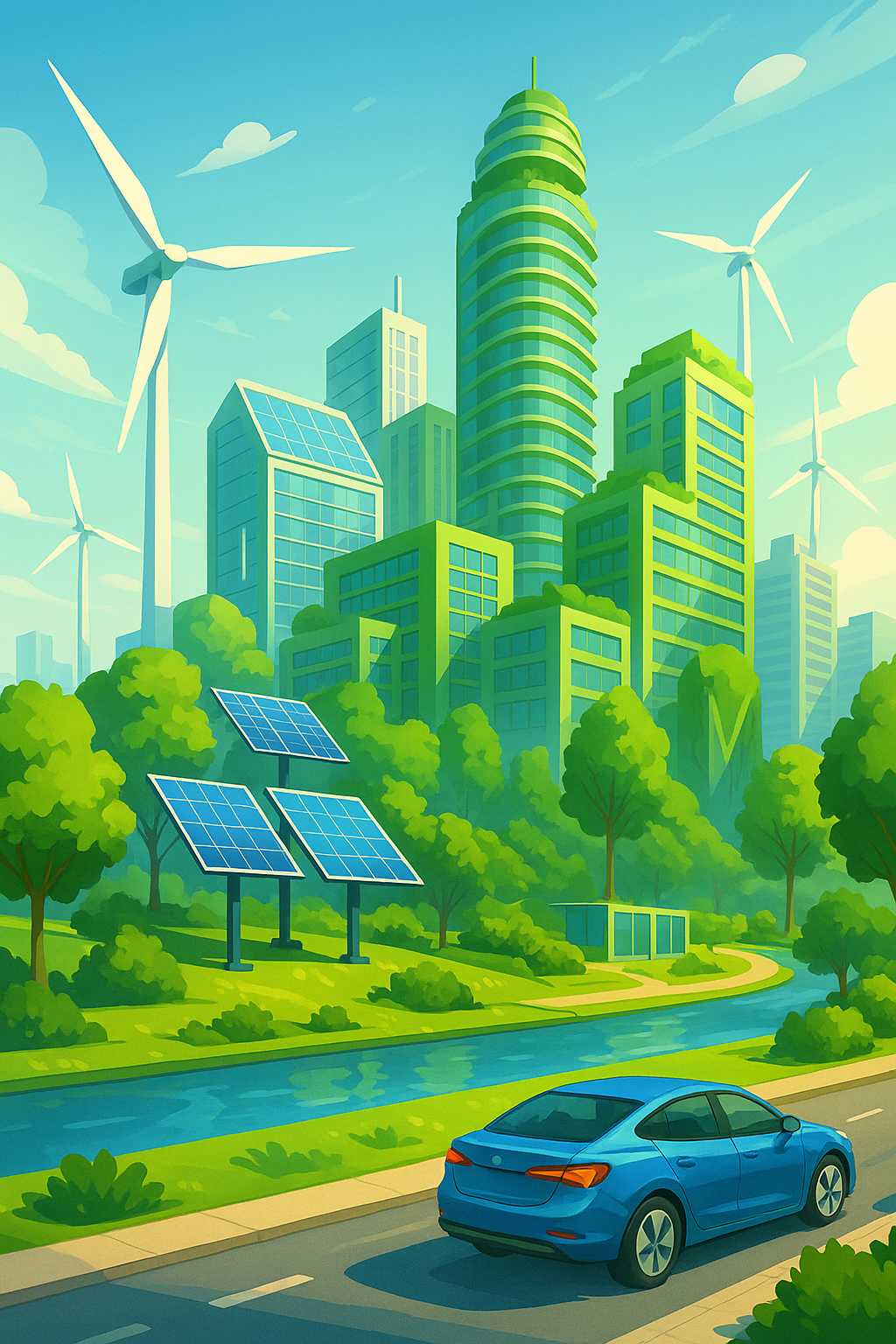 Green engineering concept showing solar panels, wind turbines, and eco-friendly buildings