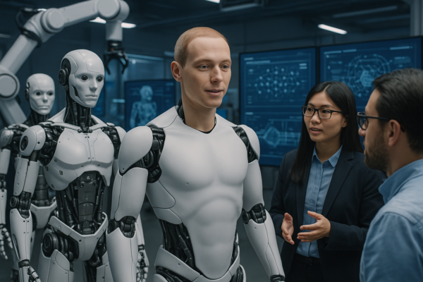 A humanoid robot with human-like features standing in a modern environment representing the evolution of robotics