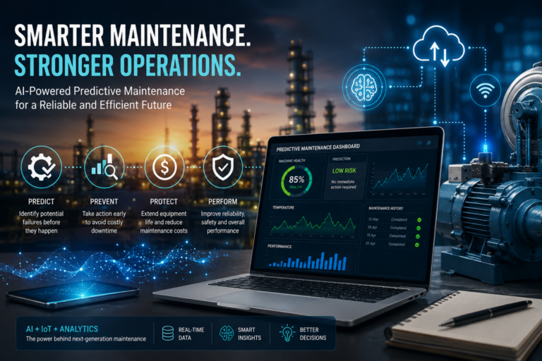 AI-powered predictive maintenance system monitoring industrial equipment with sensors and data analytics