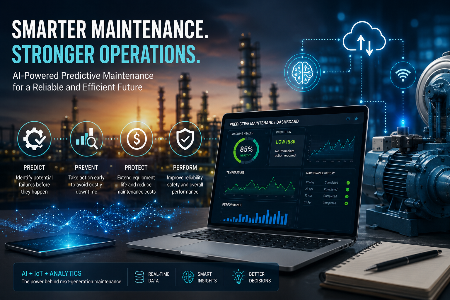 AI-powered predictive maintenance system monitoring industrial equipment with sensors and data analytics