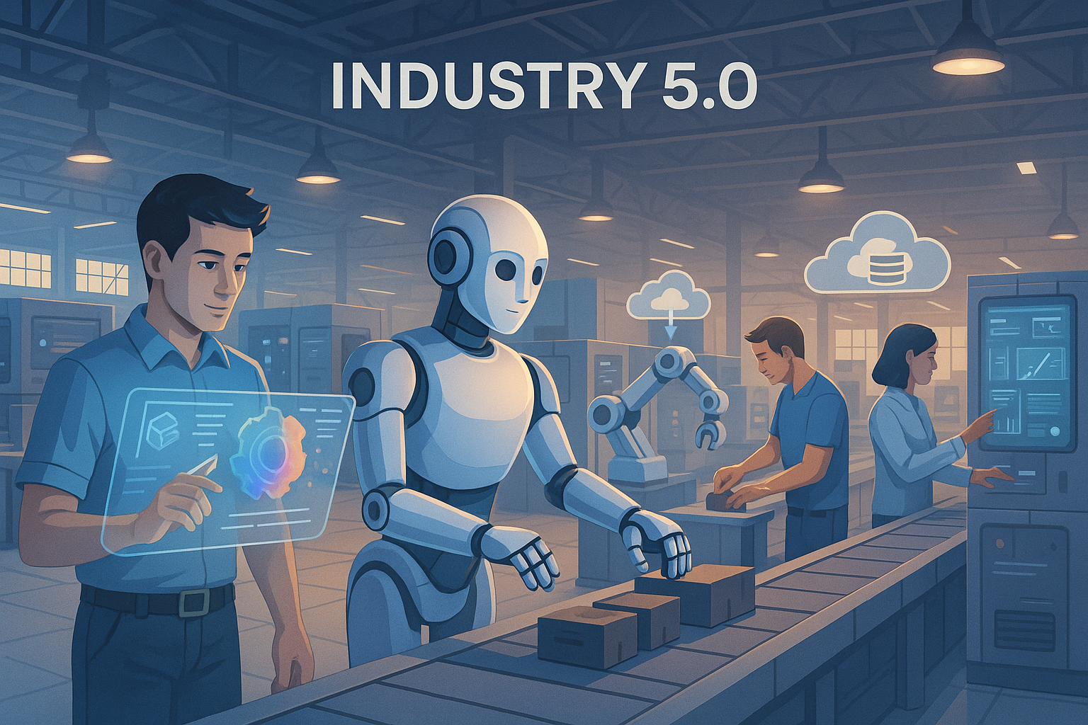 Human worker collaborating with a cobot robot on a smart manufacturing factory floor representing Industry 5.0