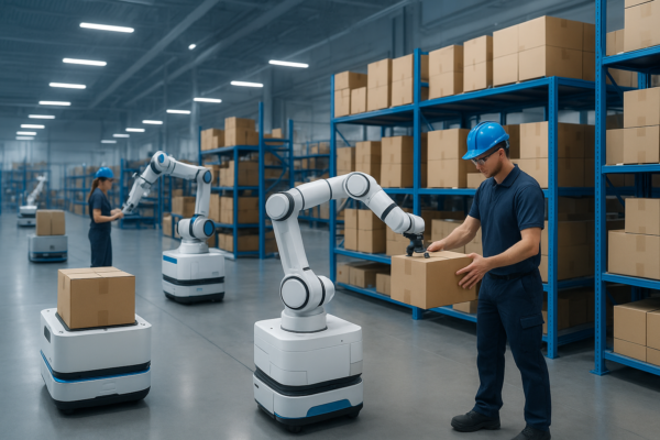 Industrial robot working alongside human workers on a manufacturing floor to address labor shortage