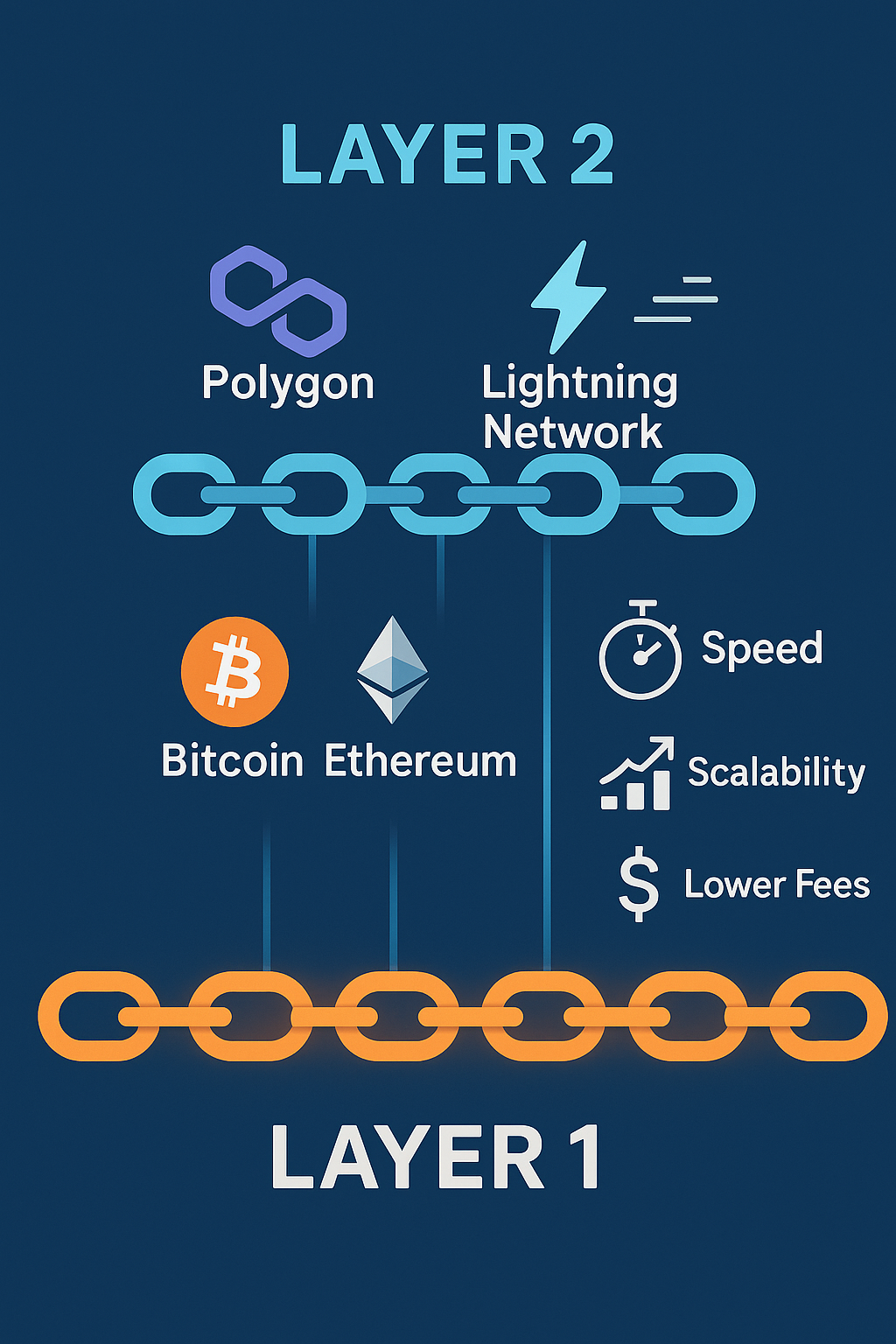 Layer 1 and Layer 2 blockchain comparison diagram showing Bitcoin, Ethereum, Polygon, and Arbitrum