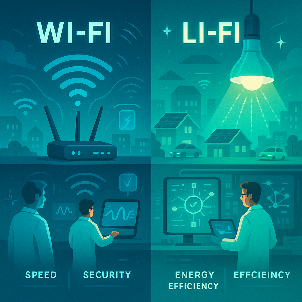 Li-Fi vs Wi-Fi comparison showing light-based and radio wave wireless data transmission technologies