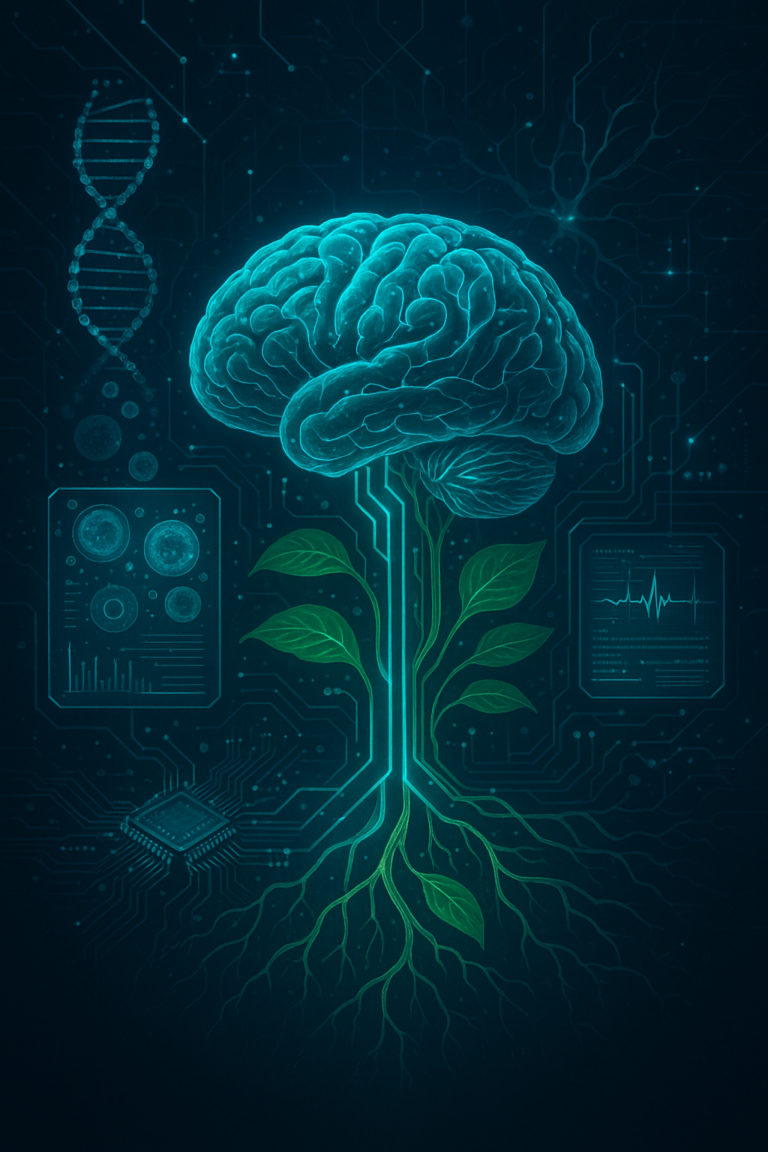 Living Intelligence concept showing AI, biotechnology, and smart sensors working together like a living system