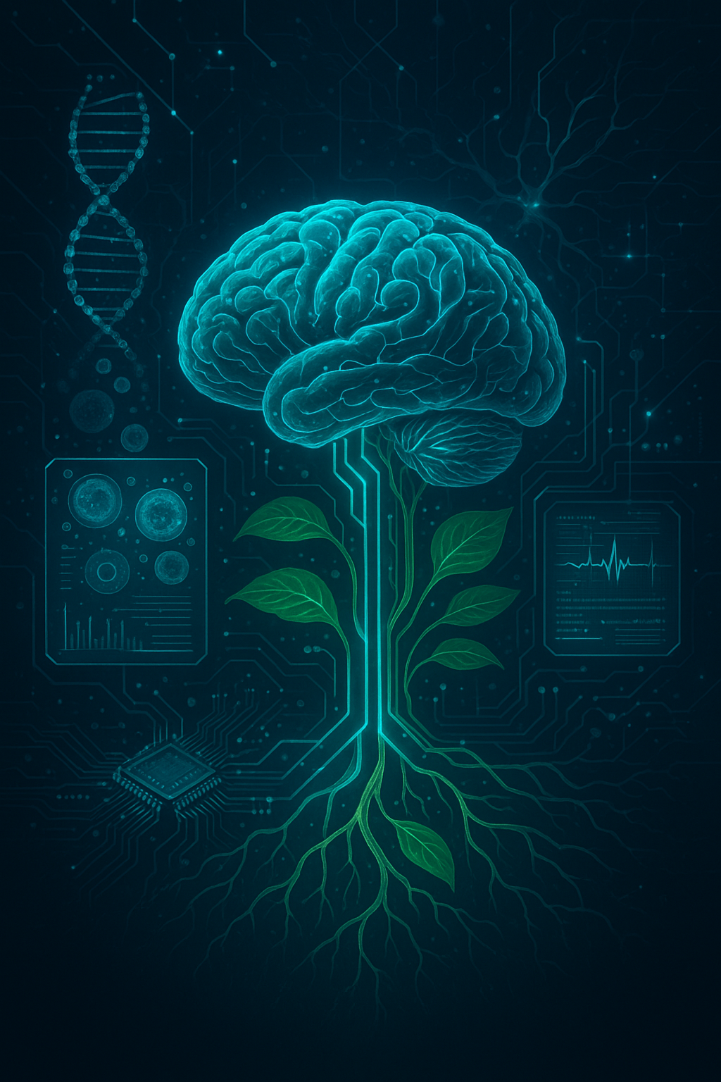 Living Intelligence concept showing AI, biotechnology, and smart sensors working together like a living system