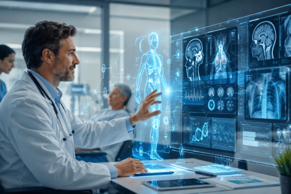 Doctor using artificial intelligence technology for medical diagnosis and patient care