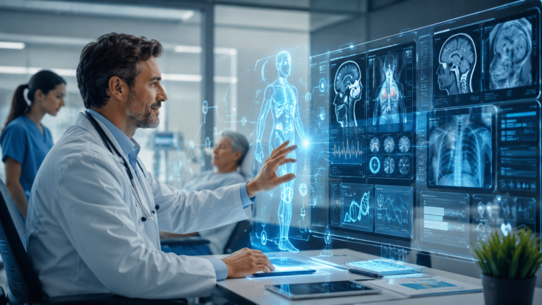 Doctor using artificial intelligence technology for medical diagnosis and patient care