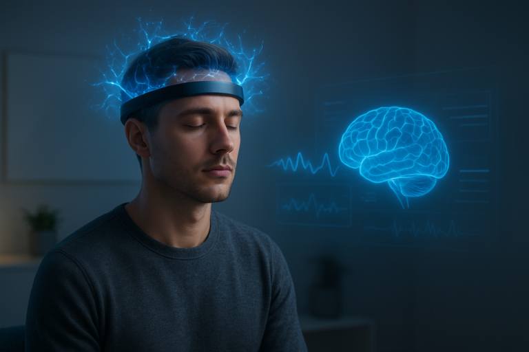 Person wearing a neurotech headband wearable device for brain tracking and mental performance